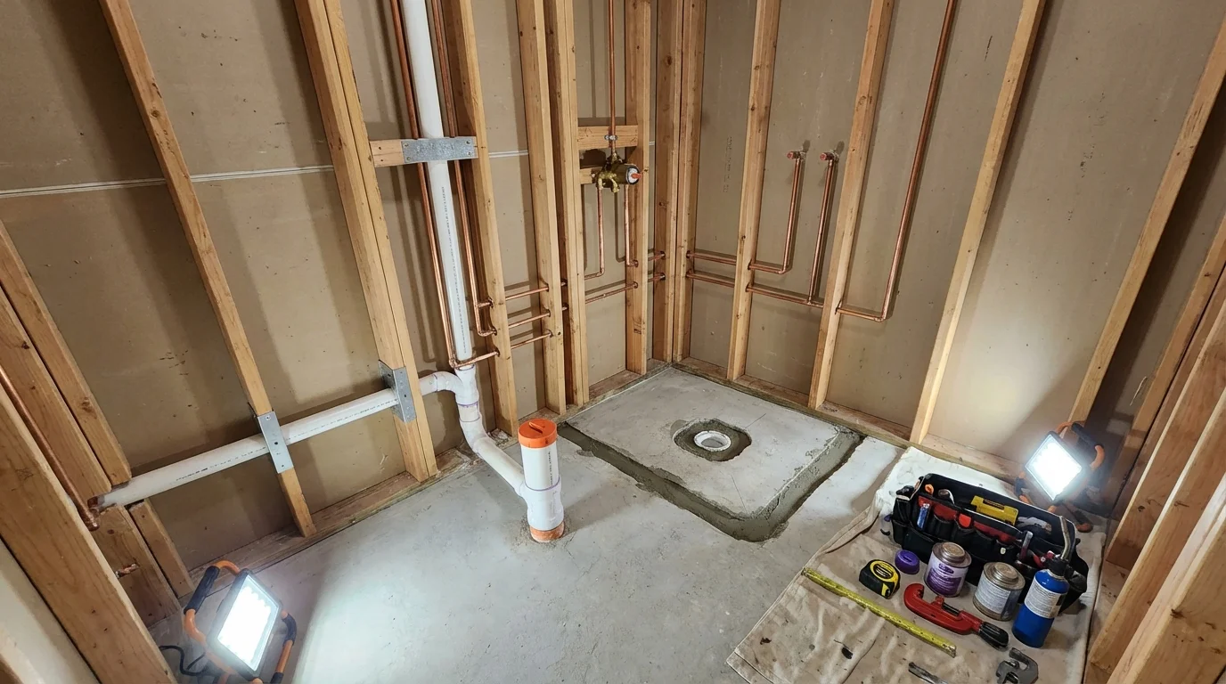 Bathroom rough-in plumbing during remodel by Johns Plumbing LLC in Mapleton