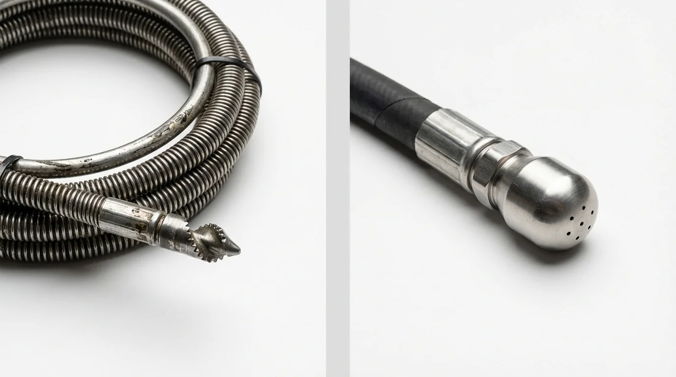Drain snake cable and hydro jetting nozzle used for drain cleaning in Mapleton, MN