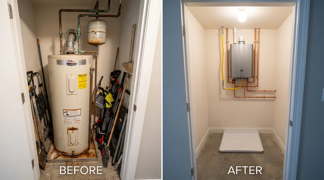 Tank water heater versus wall-mounted tankless unit comparison for Mapleton, MN homeowners