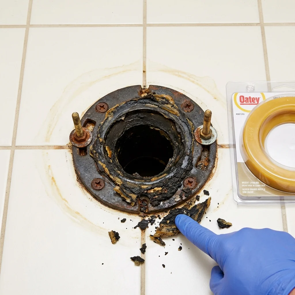 Failed wax ring showing water seepage at the base of a toilet in a Mapleton, MN home