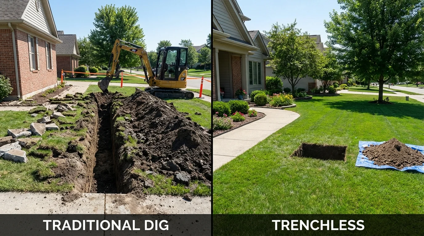 Trenchless sewer repair with minimal yard damage versus traditional excavation in Mapleton, MN