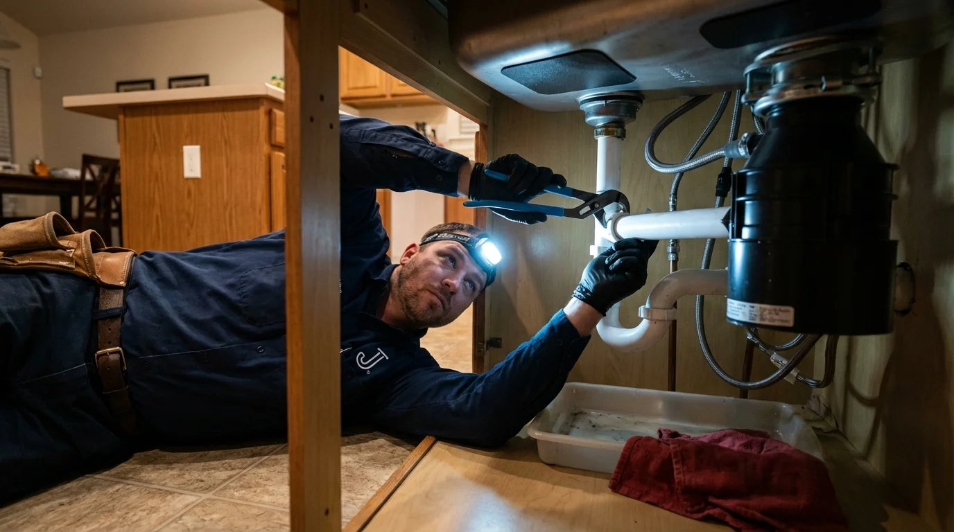 P-trap and supply line connections under a kitchen sink showing a common leak point in Mapleton, MN